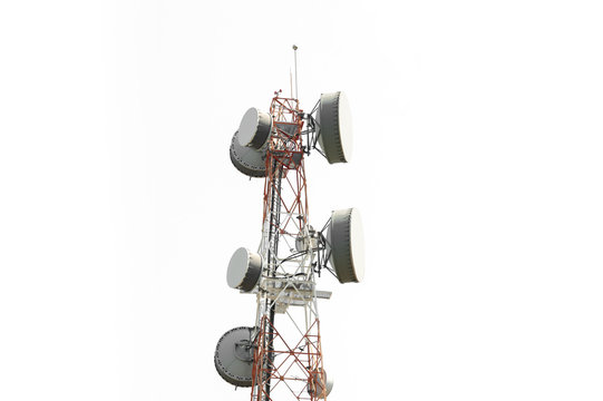 Telecom Tower,low Angle View..Close Up Of Antenna Tower On Hill Top Include Of  Radio Microwave And Cellular 4G Network ,isolated White Background..