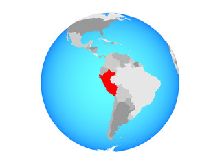 Fototapeta na wymiar Peru on blue political globe. 3D illustration isolated on white background.