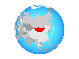 Mongolia on blue political globe. 3D illustration isolated on white background.