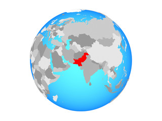 Pakistan on blue political globe. 3D illustration isolated on white background.