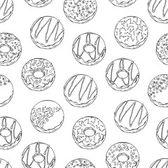 Pattern of vector illustrations on the sweets theme; set of different kinds of glazed donuts decorated with toppings, chocolate, nuts. Realistic isolated objects for your design.