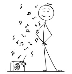 Cartoon stick drawing conceptual illustration of man enjoying listening a music from small radio.