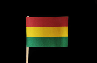 A official flag of Bolivia  on toothpick on black background. A horizontal tricolor of red, yellow and green with the national coat of arms centered on the yellow band