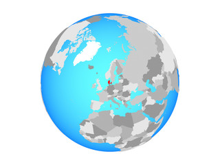 Denmark on blue political globe. 3D illustration isolated on white background.