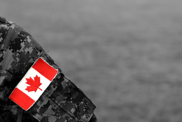 Canadian troops. Canadian Army. Canada flags on soldiers arm.