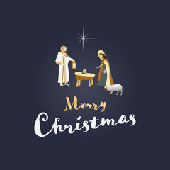 Christmas time. Nativity scene with Mary, Joseph and baby Jesus. Text : Merry Christmas