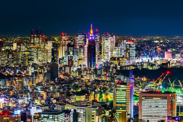 tokyo tower and city skyline under blue night