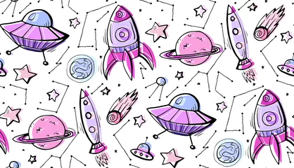 Fototapete Kosmos Nahtloses Kindermuster von Konturen, bunten Illustrationen von Sternen, Raumschiffen und UFOs. Vektormuster für Tapeten, Wraps, Stoffe und Ihre Kreativität