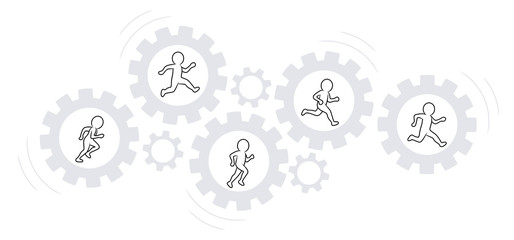 Zusammenarbeit / Teamwork: Eine Gruppe Strichmännchen läuft in drehenden Zahnrädern / Vektor-Zeichnung / Konturen