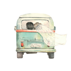 just married couple in the bus, watercolor