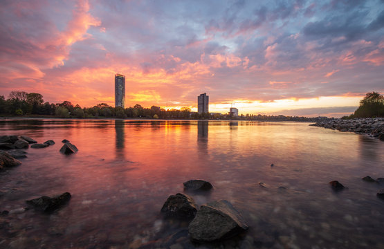 The River Rhine and the the city of Bonn, Germany, at a colourful sunset