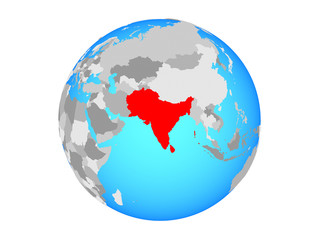 South Asia on blue political globe. 3D illustration isolated on white background.