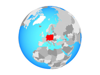 Central Europe on blue political globe. 3D illustration isolated on white background.