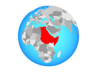 Northeast Africa on blue political globe. 3D illustration isolated on white background.