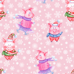 2019 Happy New Year and Christmas seamless pattern with watercolor funny pigs