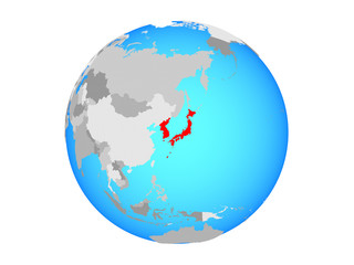 Japan and Korea on blue political globe. 3D illustration isolated on white background.