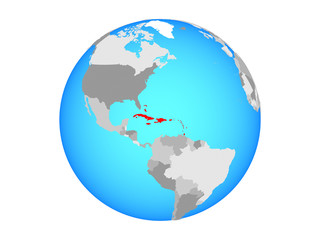 Caribbean on blue political globe. 3D illustration isolated on white background.