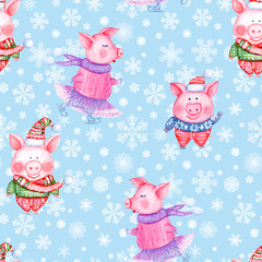2019 Happy New Year and Christmas seamless pattern with watercolor funny pigs