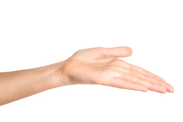 Woman showing open hand taking or showing something