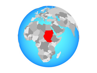 Sudan on blue political globe. 3D illustration isolated on white background.