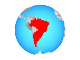 Mercosur memebers on blue political globe. 3D illustration isolated on white background.