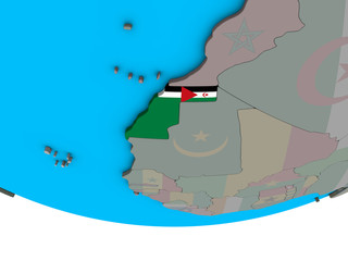 Western Sahara with embedded national flag on simple political 3D globe.