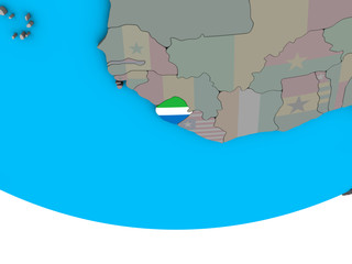 Sierra Leone with embedded national flag on simple political 3D globe.