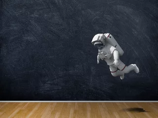 3D-Darstellungsrendering Astronaut schwebt über einer leeren Tafel und braunem Parkett © ma3d.it