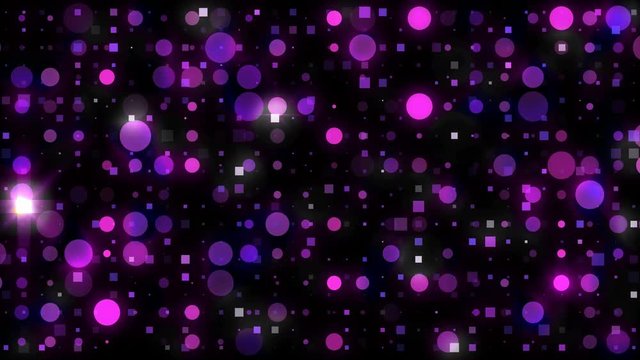 Abstract purple glitter circles ans squares on dark background.