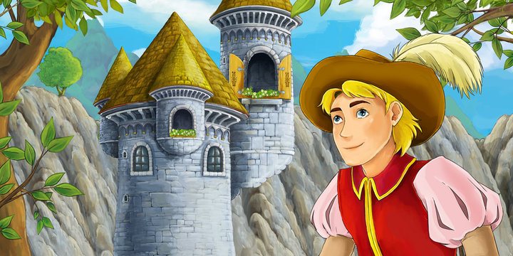 cartoon scene of castle tower with opened window prince in front - illustration for children