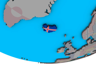Iceland with embedded national flag on simple political 3D globe.