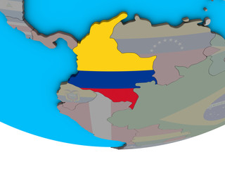 Fototapeta premium Colombia with embedded national flag on simple political 3D globe.