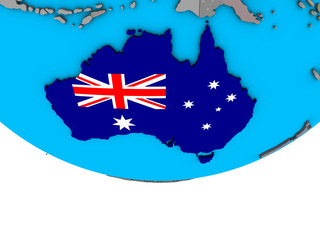 Australia with embedded national flag on simple political 3D globe.