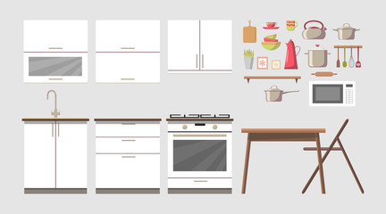 White cosy kitchen interior constructor clip art set with furniture and stove, cupboards, dishes - kettle, pan, bowls, mugs, microwave oven, utensils, table, chair. Modern flat style vector, isolated