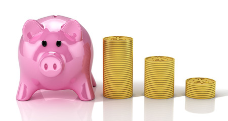 Piggy bank with golden coins stacks. 3D Illustration.
