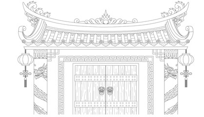 Chinese gate for coloring book and design element.Vector illustration