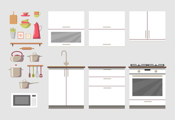 White cosy kitchen interior constructor clip art set with furniture and stove, cupboards, dishes - kettle, pan, bowls, mugs, microwave oven, different utensils. Modern flat style vector, isolated.