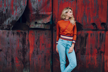 Lifestyle fashion portrait of young beautiful cute girl model.  Odd bizarre strange unusual cute...