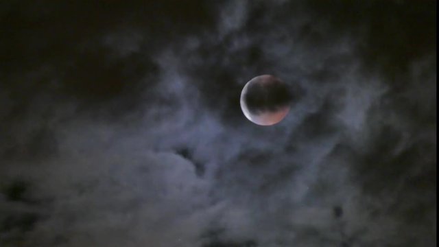 Blood moon eclipse with clouds covering the moon, 27. July 2018, time lapse, UHD