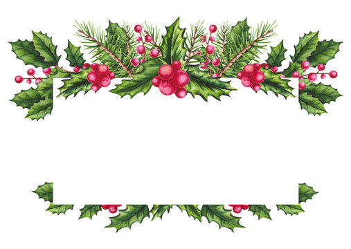 Festive Frame with Watercolor Holly and Place for Text