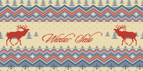 Winter Sale. Christmas Winter knitted woolen seamless pattern with red deer in conifer forest