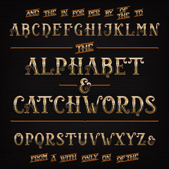 Ornate golden alphabet font with diamonds. Ornate jeweler letters and numbers with catchwords the, for, a, from, with, by etc.