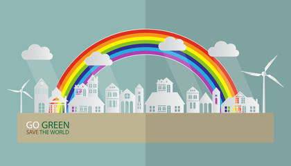 Paper art of landscape with Eco green city and nature, GO GREEN SAVE THE WORLD concept, Vector illustration