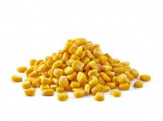 Boiled corn kernels pile / heap side view isolated on white background.