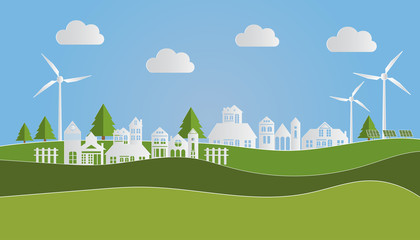 Landscape of village in nature, Eco green city, GO GREEN SAVE THE WORLD concept, Paper art style. Vector illustration