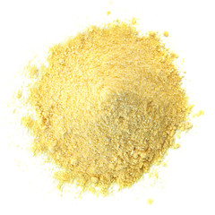Corn meal pile from top view isolated on white background