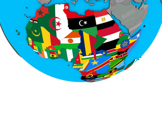 Africa with embedded national flags on simple political 3D globe.