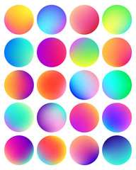 Rounded holographic gradient sphere button. Multicolor green purple yellow orange pink cyan fluid circle gradients, colorful soft round buttons or vivid color spheres flat vector set