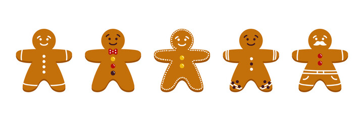 Set, collection of cute cartoon gingerbread man, christmas traditional cookies, biscuits isolated on white background.