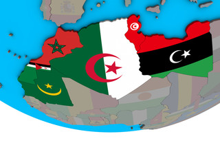 Maghreb region with embedded national flags on simple political 3D globe.